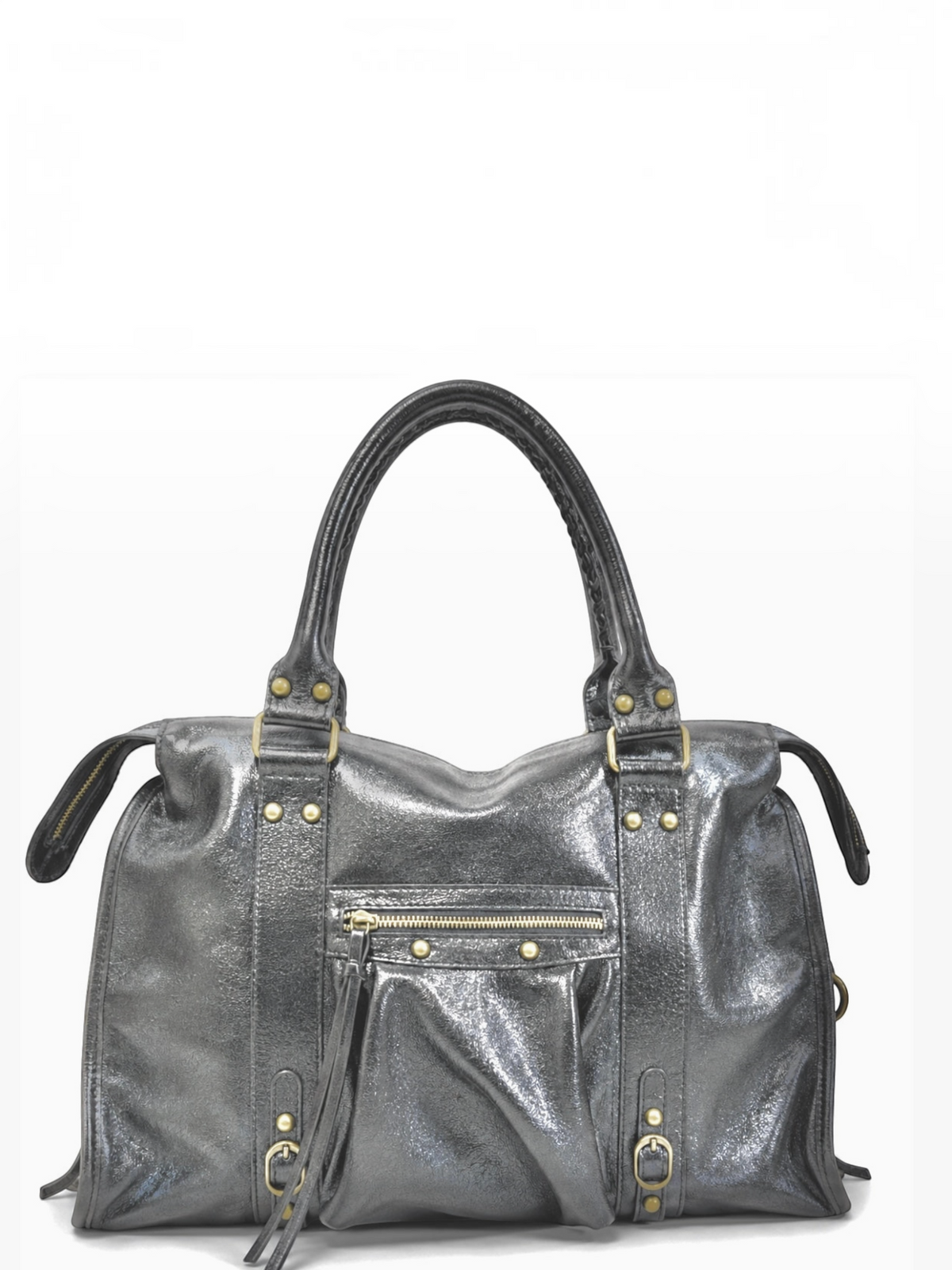 BROCK LOUISA LEE Capucine L iridescent leather handbag with braided handles, fringe details, and metallic studs.