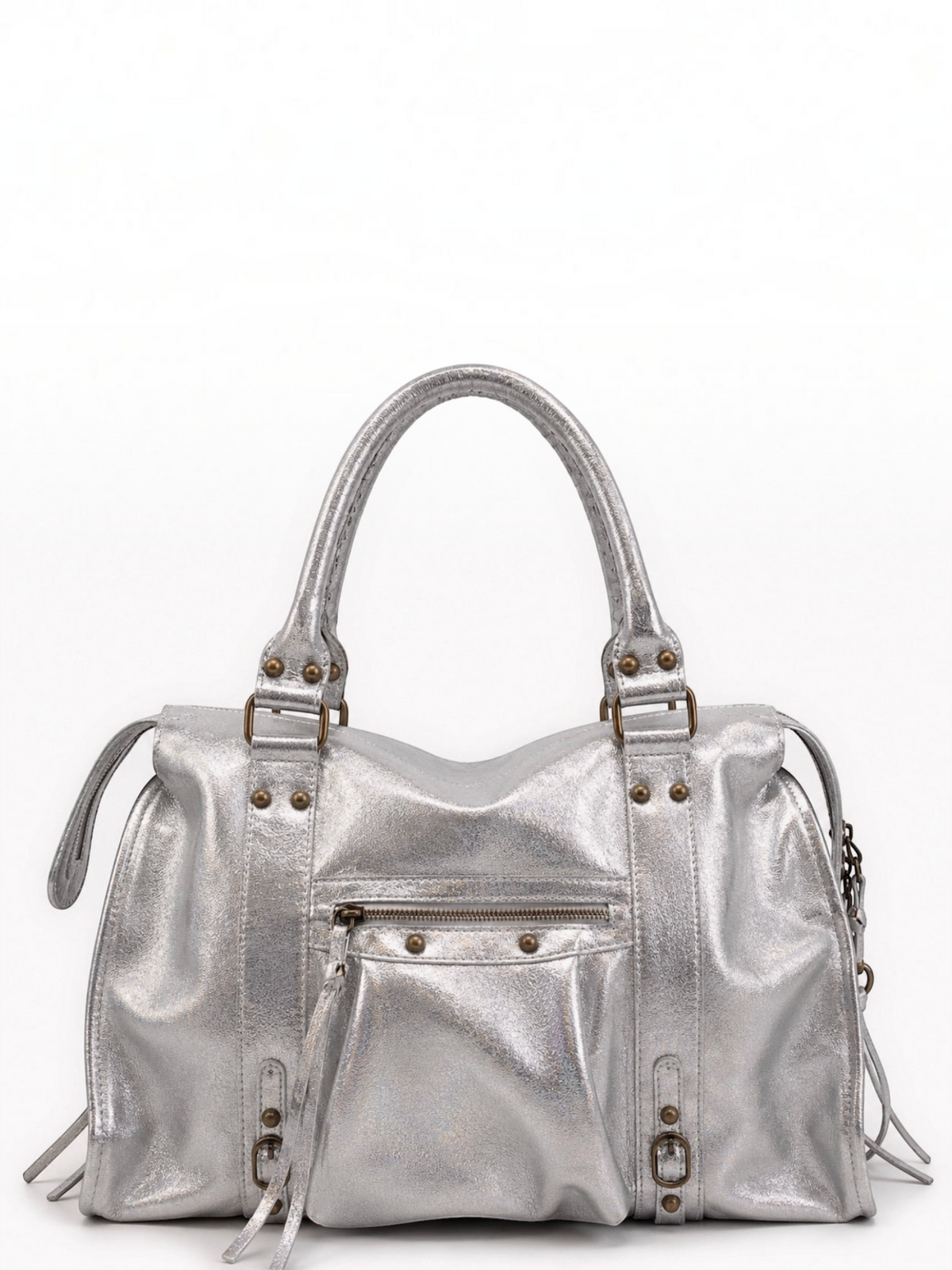 BROCK LOUISA LEE Capucine L handbag in iridescent silver cowhide leather with braided handles and stud details.