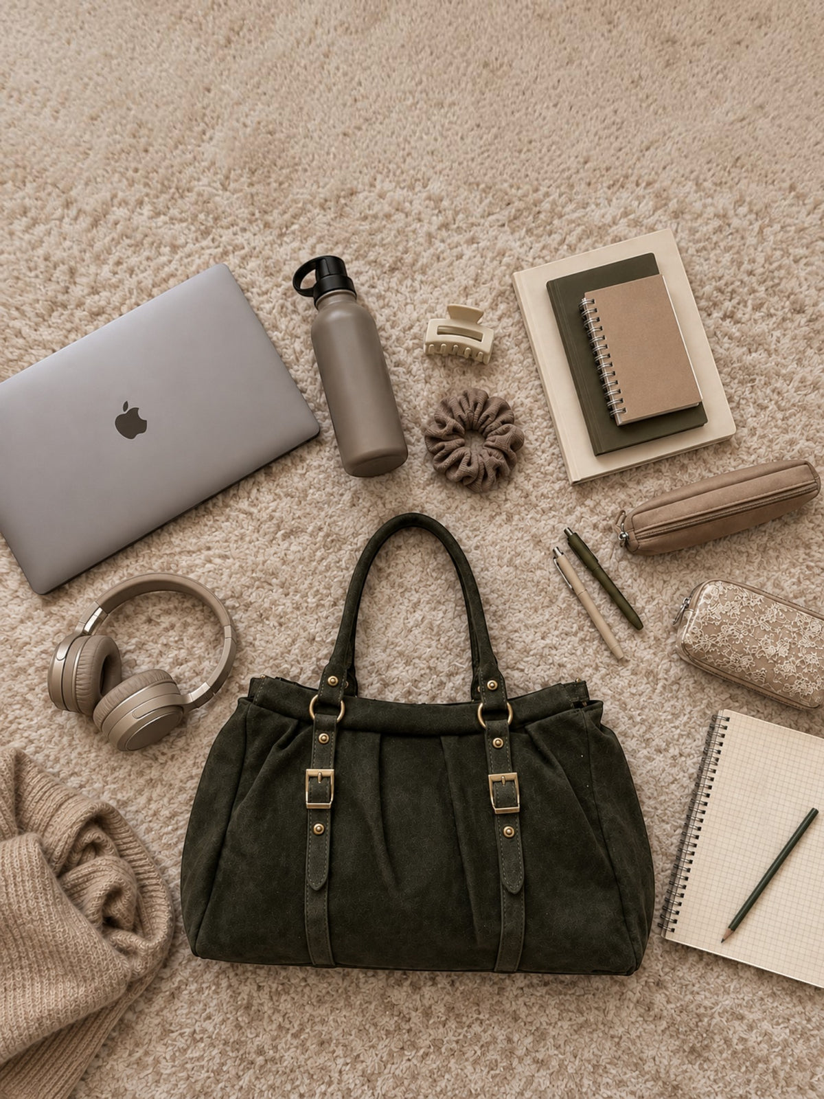 BROCK LOUISA LEE Lydia dark green suede handbag surrounded by laptop, notebook, and accessories on a beige rug.