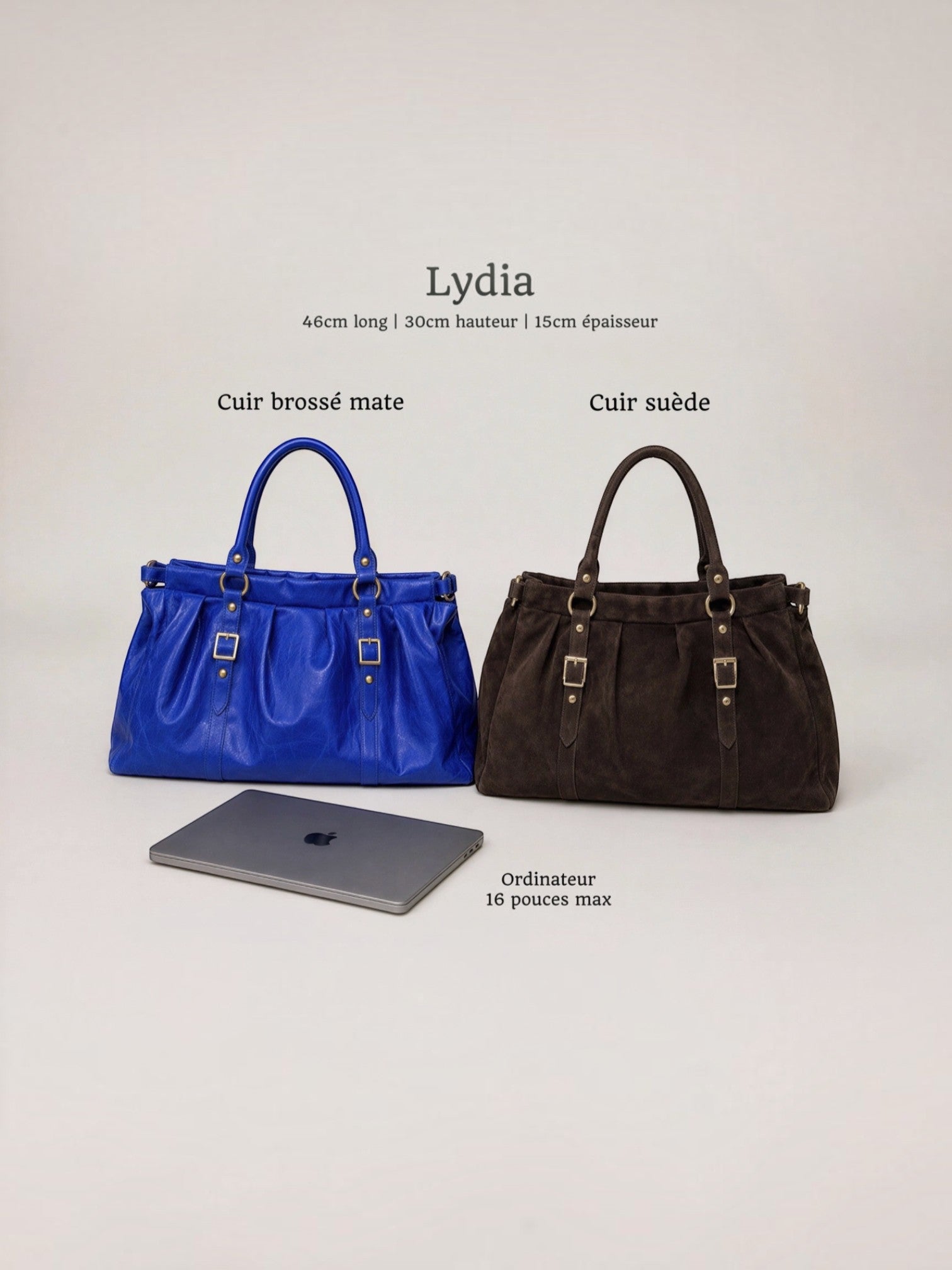 BROCK LOUISA LEE Lydia handbags in blue matte leather and brown suede with gold hardware and laptop compatibility.