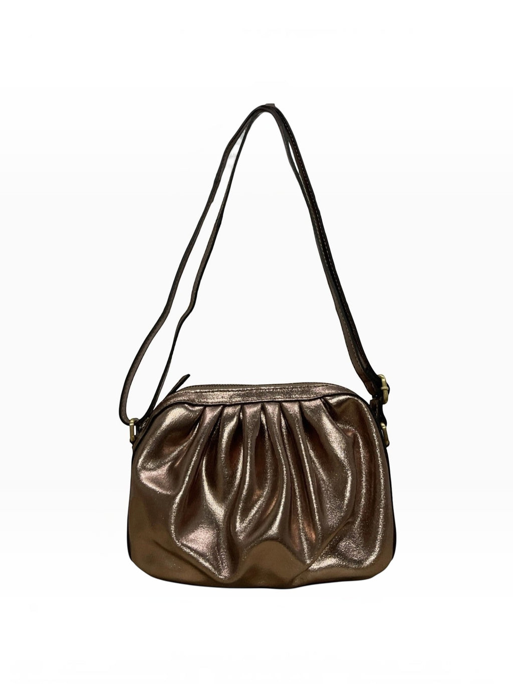 BROCK LOUISA LEE metallic croissant crossbody bag in gathered cowhide leather with an adjustable strap.