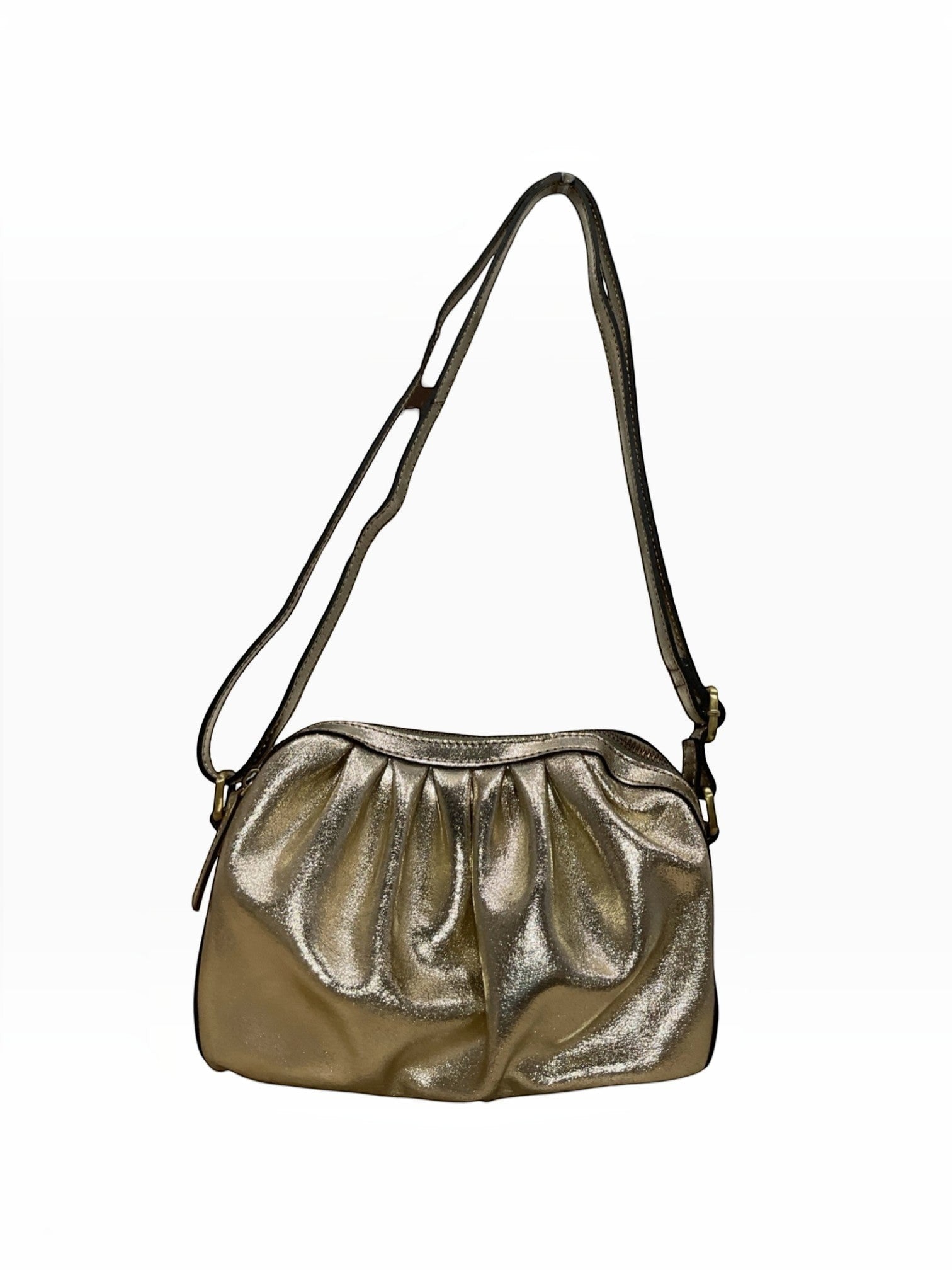 BROCK LOUISA LEE metallic gold croissant crossbody bag in ruched cowhide leather with an adjustable strap.
