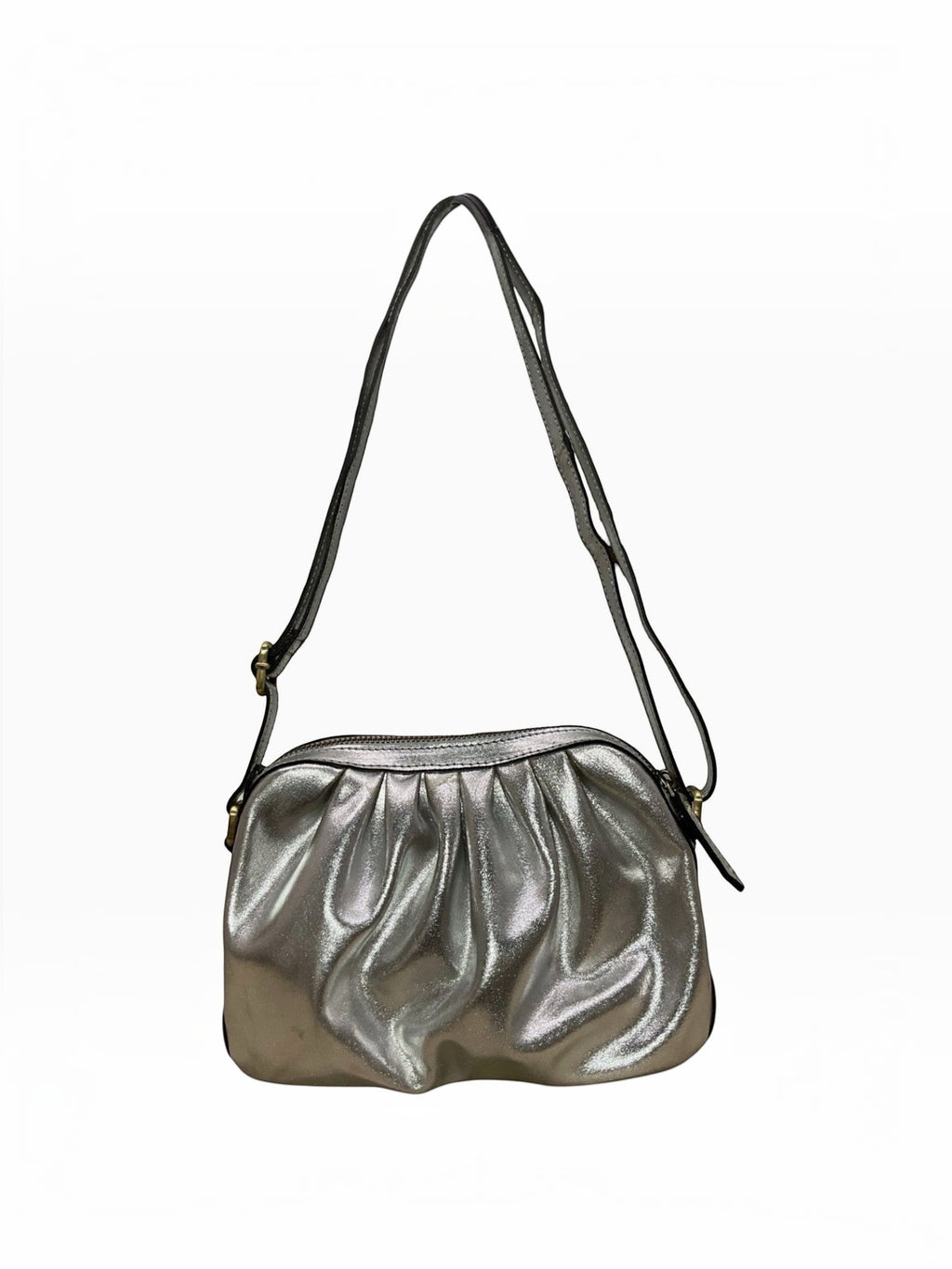 BROCK LOUISA LEE metallic silver leather croissant crossbody bag with a ruched design and adjustable strap.