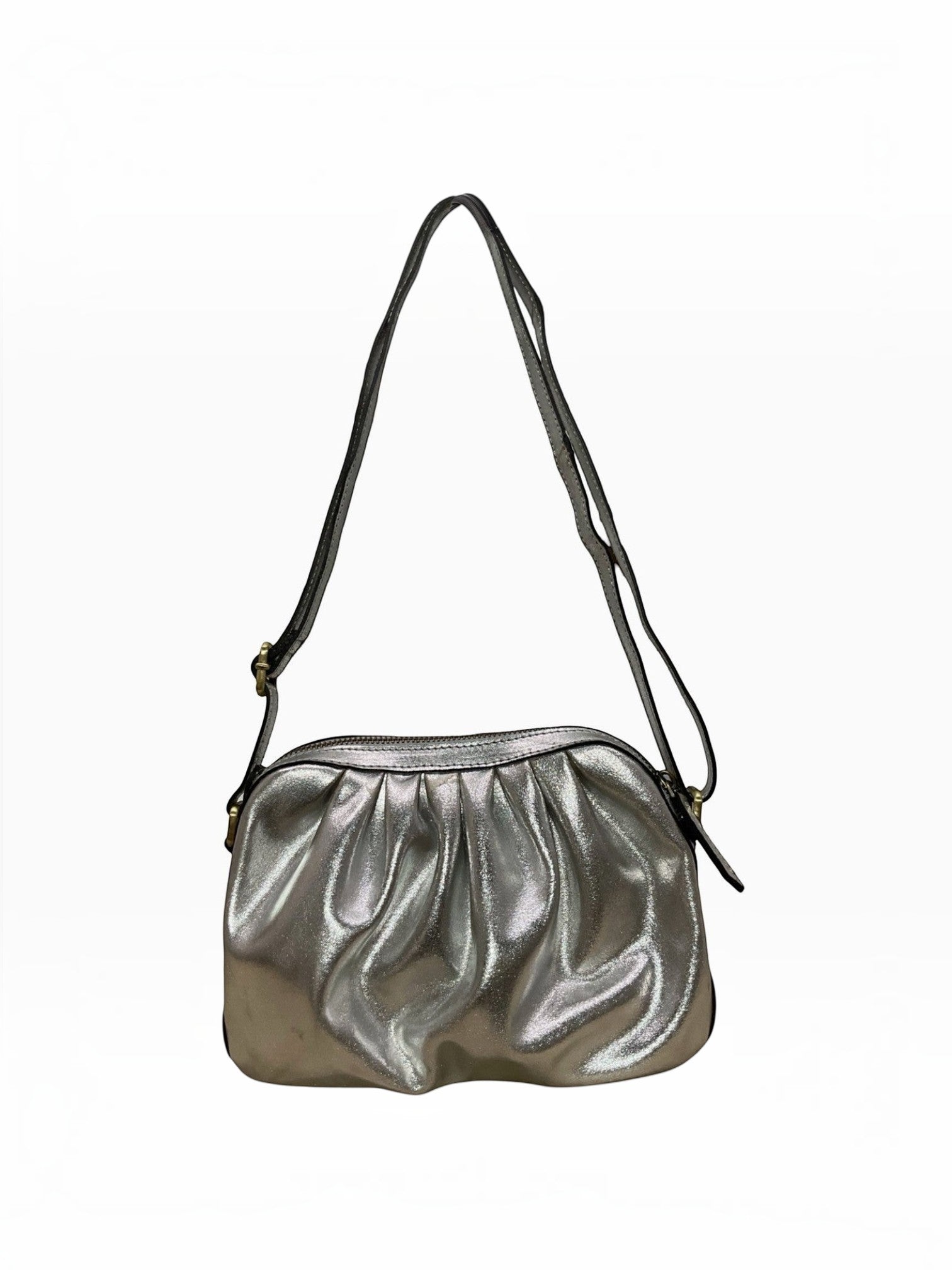 BROCK LOUISA LEE metallic silver leather croissant crossbody bag with a ruched design and adjustable strap.