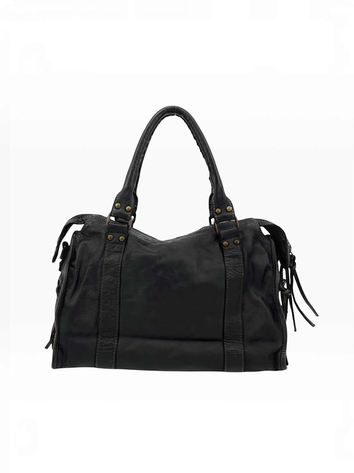 BROCK LOUISA LEE Capucine L vintage black cowhide leather handbag with braided handles, fringe, and stud details.