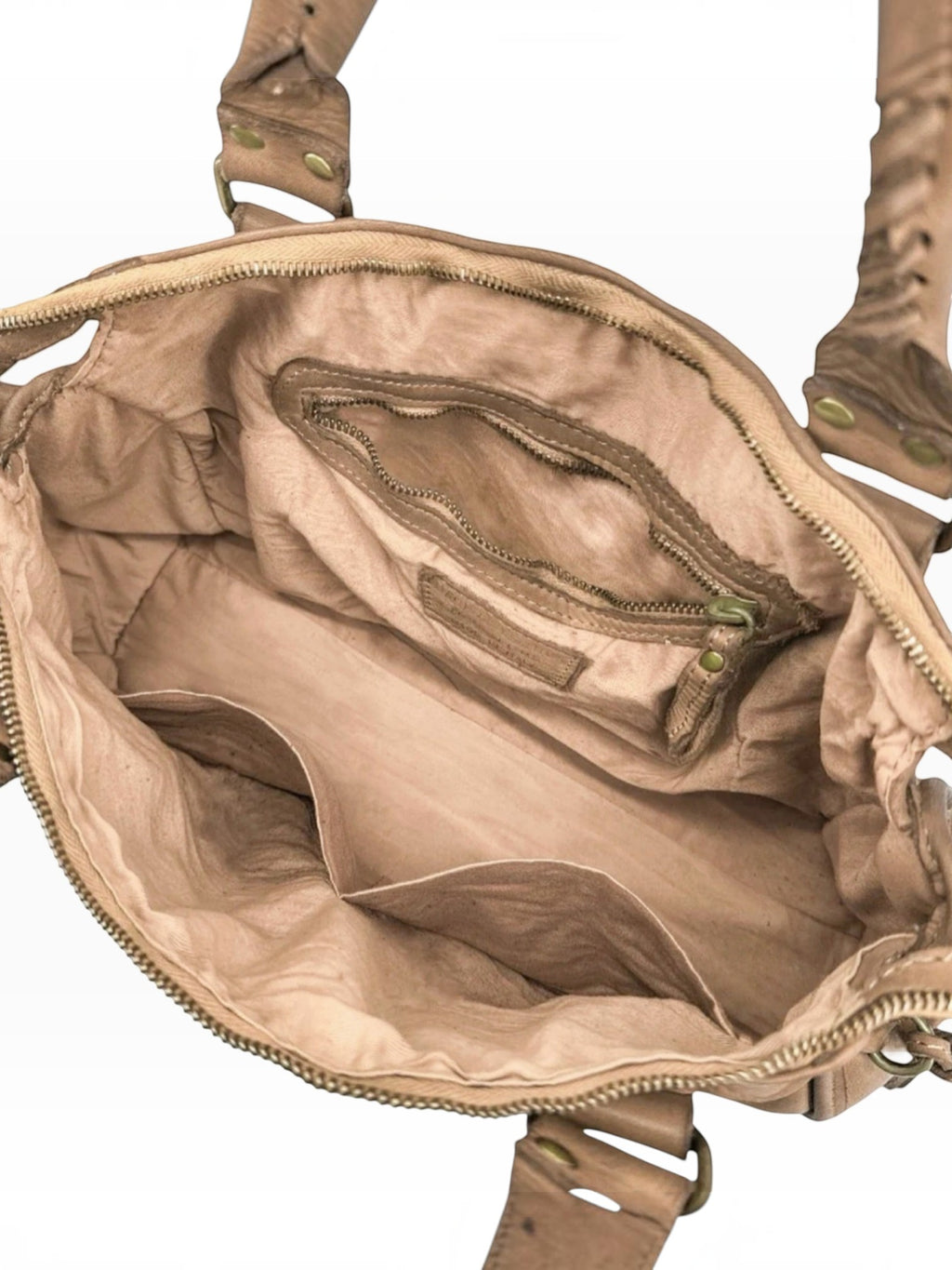 Interior view of the BROCK LOUISA LEE Capucine L vintage leather bag showing textile lining and storage pockets