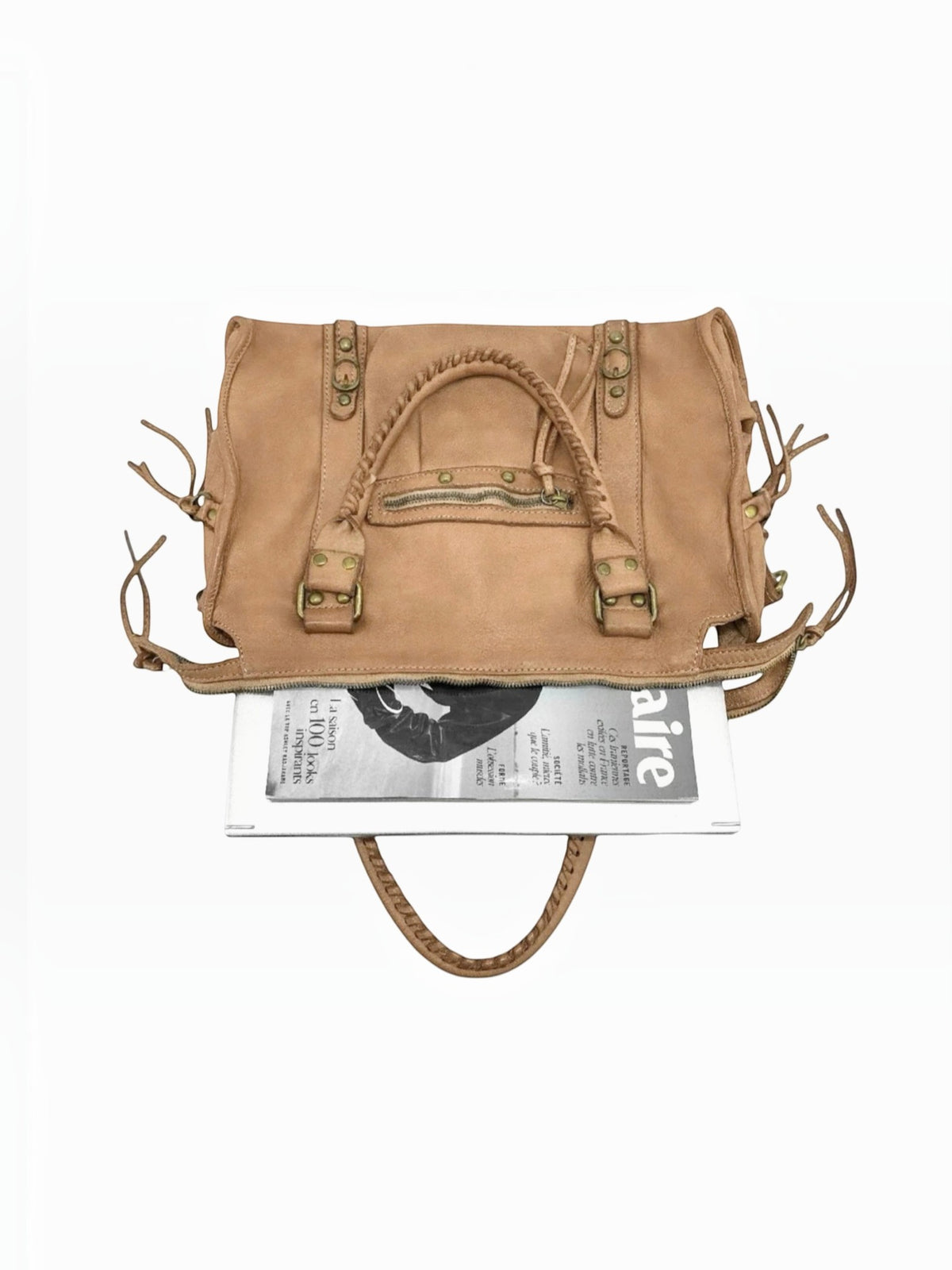 BROCK LOUISA LEE Capucine L vintage tan cowhide leather bag with braided handles, fringe details, and metal studs.