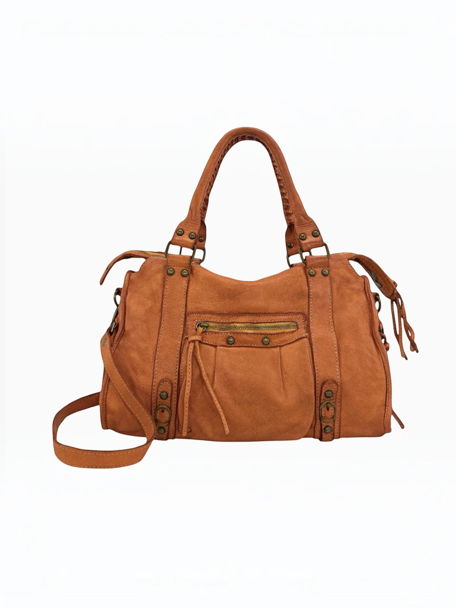BROCK LOUISA LEE Capucine L vintage brown cowhide leather handbag with braided handles, fringe, and stud details.