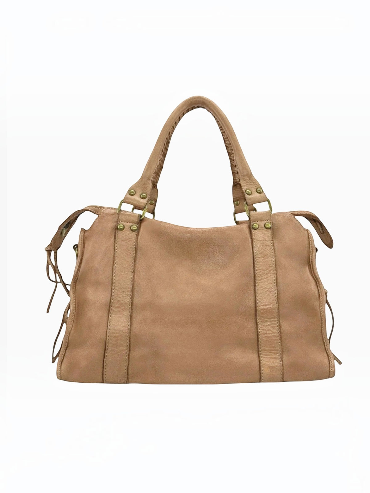 BROCK LOUISA LEE Capucine L vintage tan cowhide leather handbag with braided handles and side fringe details