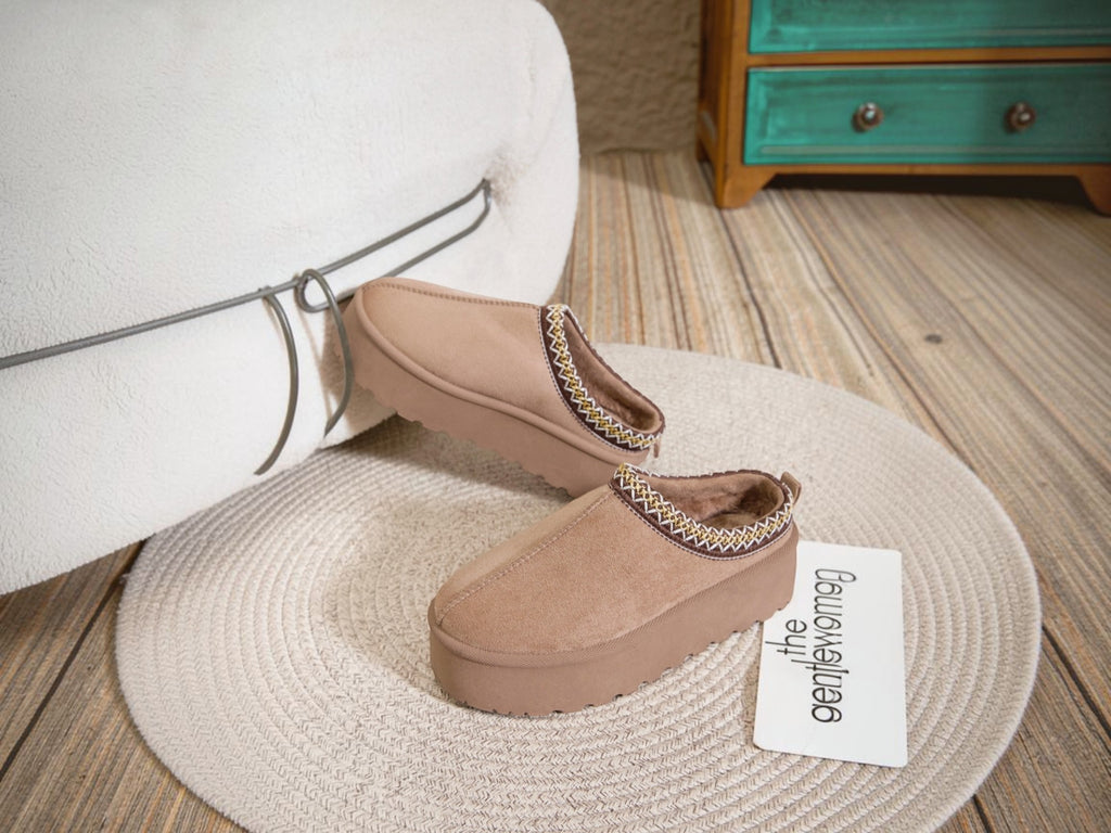 BROCK Maria ERYNN taupe cocooning ankle boots with geometric patterned trim and thick cushioned platform soles.