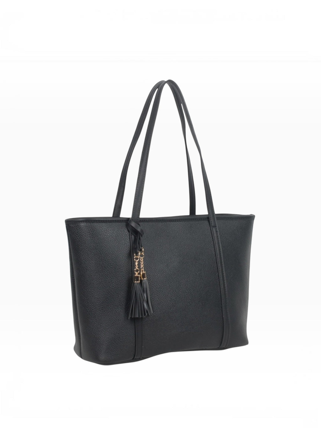 BROCK MIA LAROUGE black structured shoulder bag with tassel detail and long handles on a white background