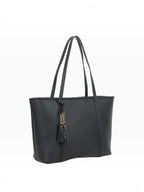 BROCK MIA LAROUGE black structured shoulder bag with tassel detail and long handles on a white background