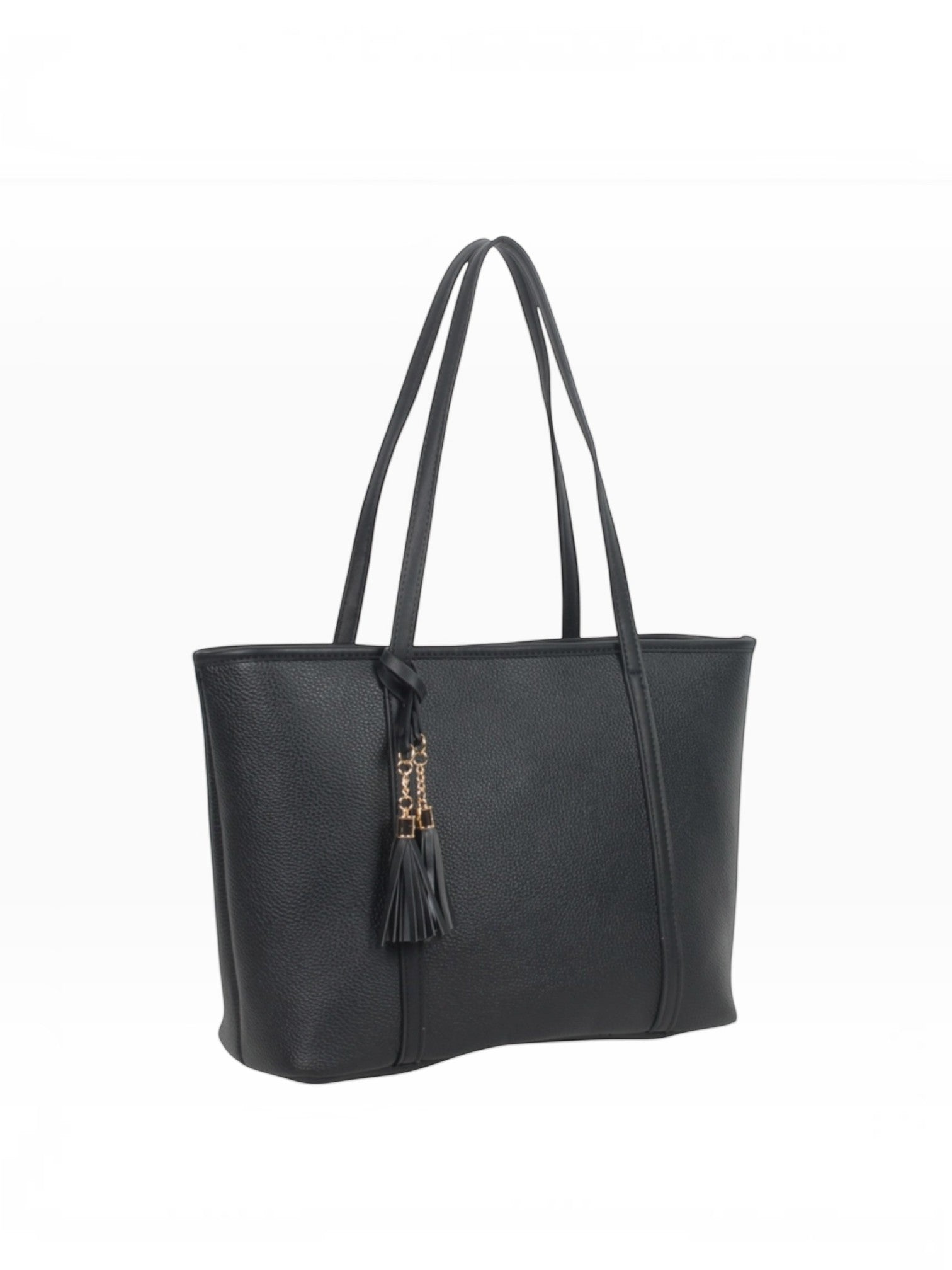 BROCK MIA LAROUGE black structured shoulder bag with tassel detail and long handles on a white background