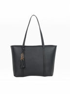 BROCK MIA LAROUGE black structured shoulder bag with tassel detail and adjustable straps for students