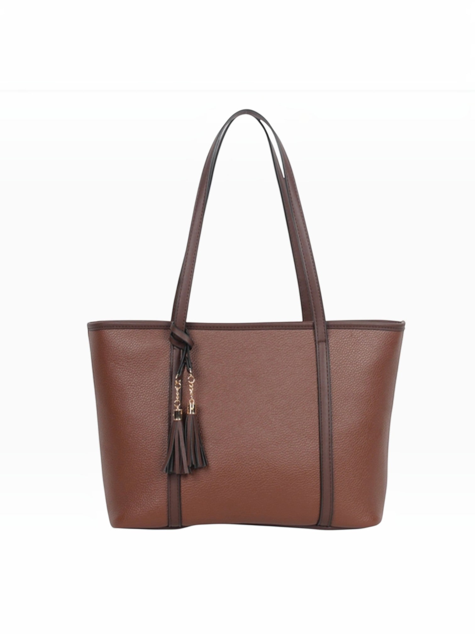 BROCK MIA LAROUGE brown structured shoulder bag with tassel detail and adjustable straps for students
