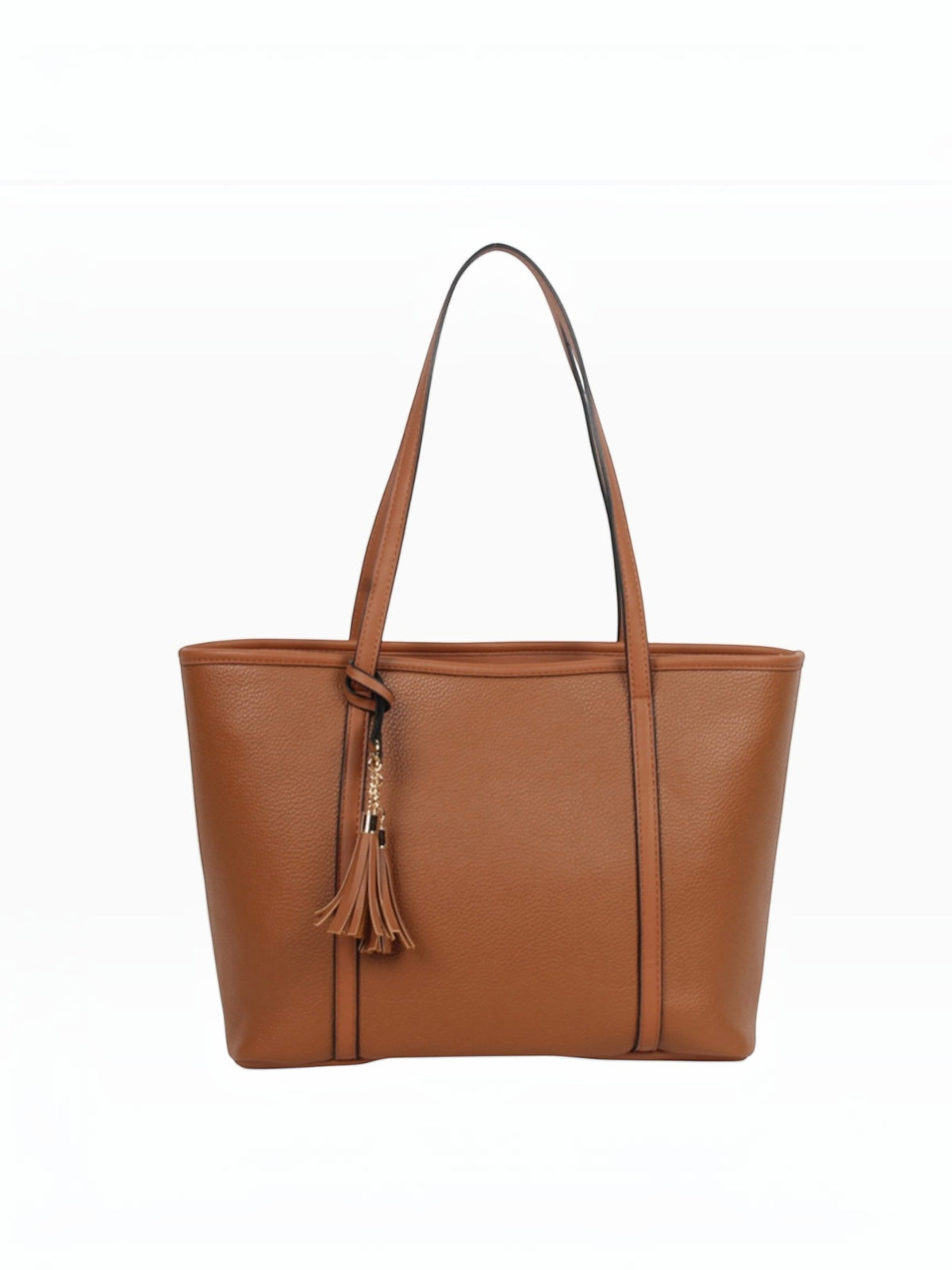 BROCK MIA LAROUGE tan leather university shoulder bag with tassel detail and adjustable straps on white background