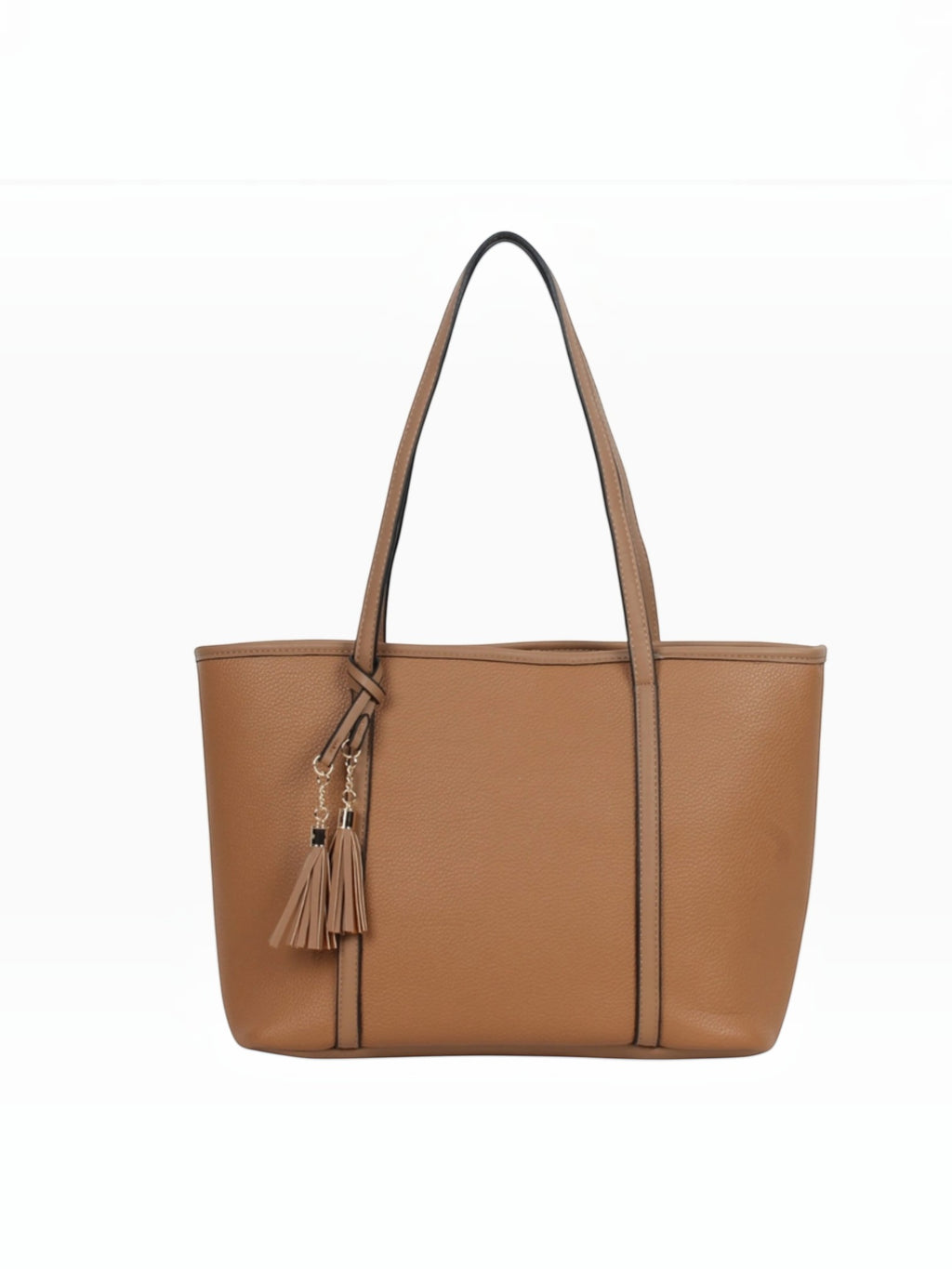 BROCK MIA LAROUGE tan faux leather shoulder bag with tassel charm and structured design for daily use
