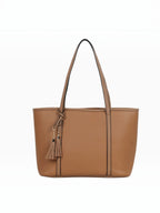 BROCK MIA LAROUGE tan faux leather shoulder bag with tassel charm and structured design for daily use
