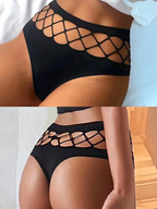BROCK mid-rise black thong with intricate lattice cut-out detailing on the sides for a feminine look.
