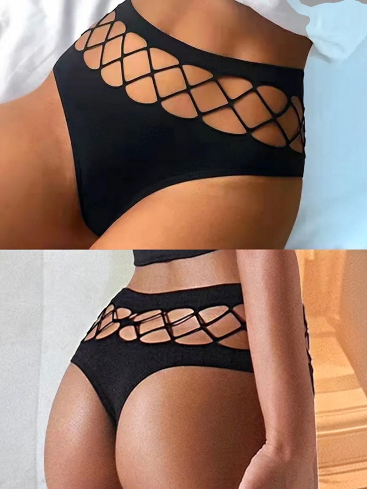 BROCK mid-rise black thong with intricate lattice cut-out detailing on the sides for a feminine look.