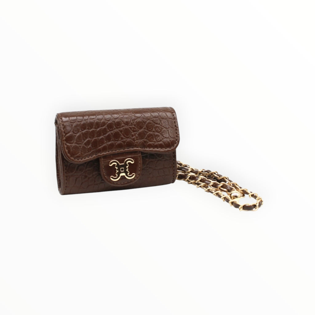 BROCK mini brown faux crocodile crossbody bag with gold chain strap and C.Clo logo hardware