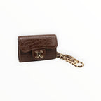 BROCK mini brown faux crocodile crossbody bag with gold chain strap and C.Clo logo hardware