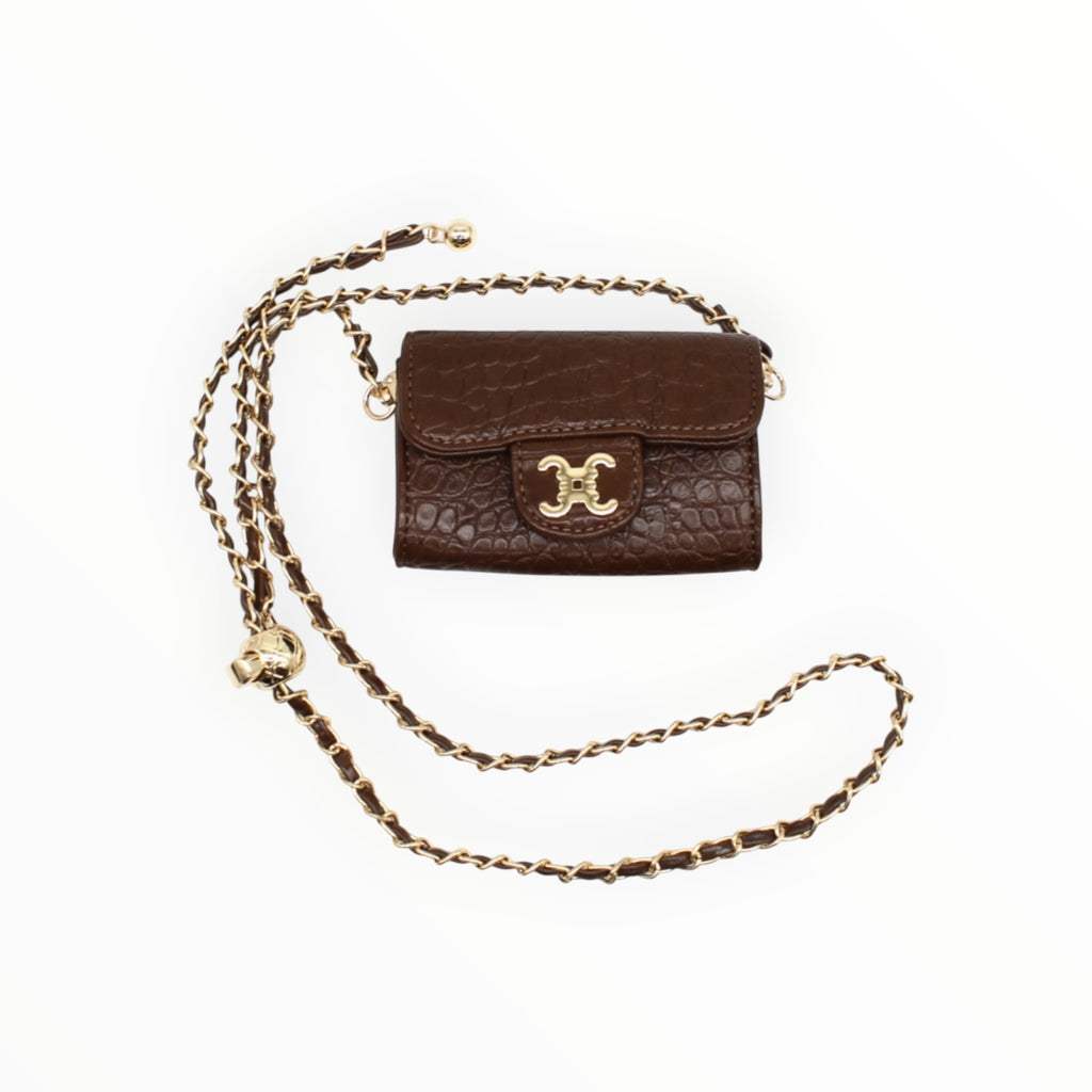 BROCK mini brown faux crocodile crossbody bag with gold chain strap and C.Clo logo hardware