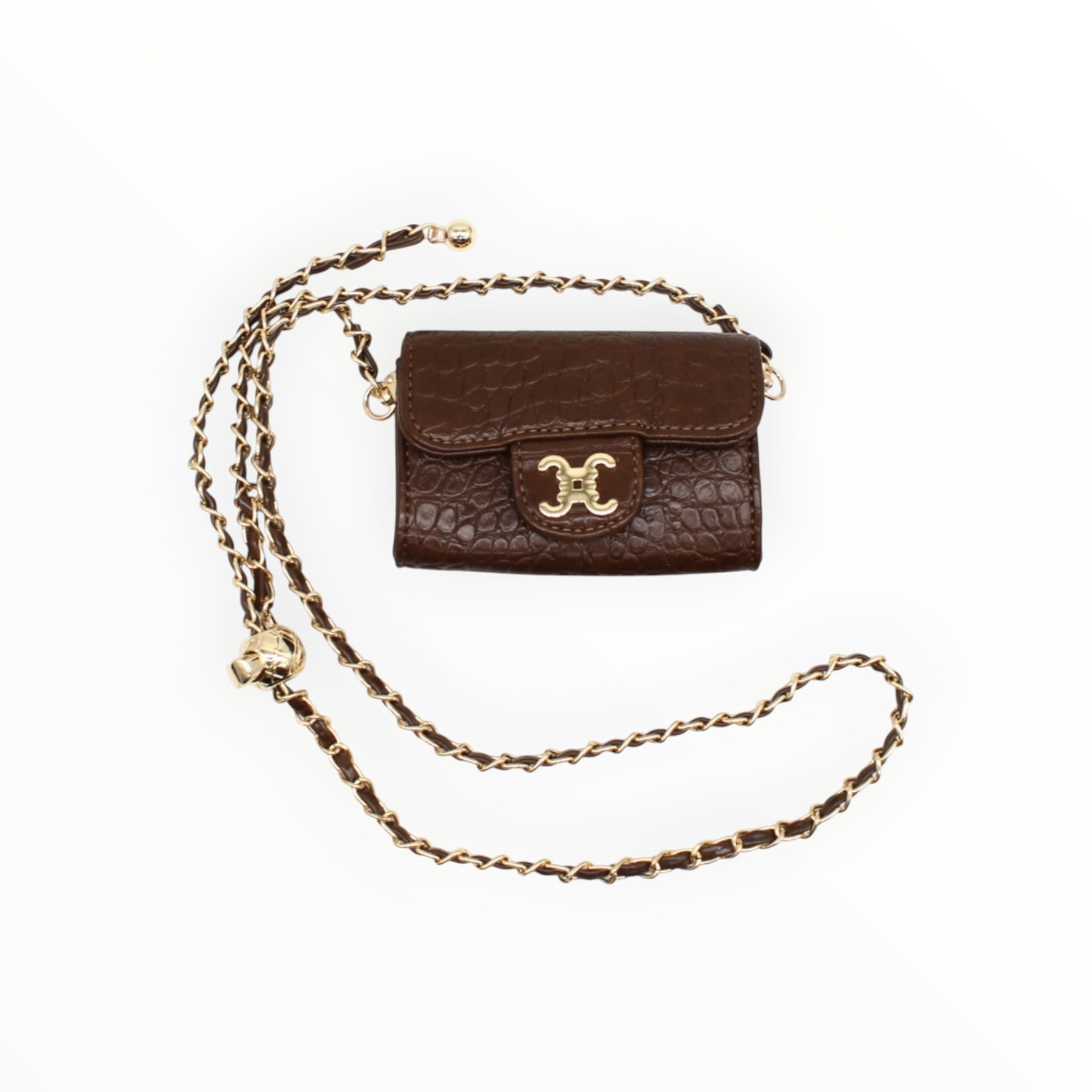 BROCK mini brown faux crocodile crossbody bag with gold chain strap and C.Clo logo hardware