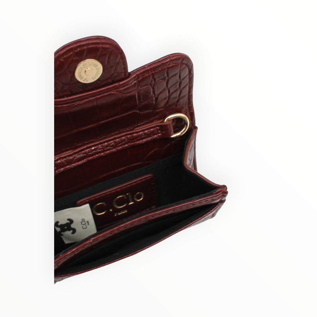BROCK C.Clo mini burgundy faux crocodile crossbody bag with gold hardware and interior logo detail