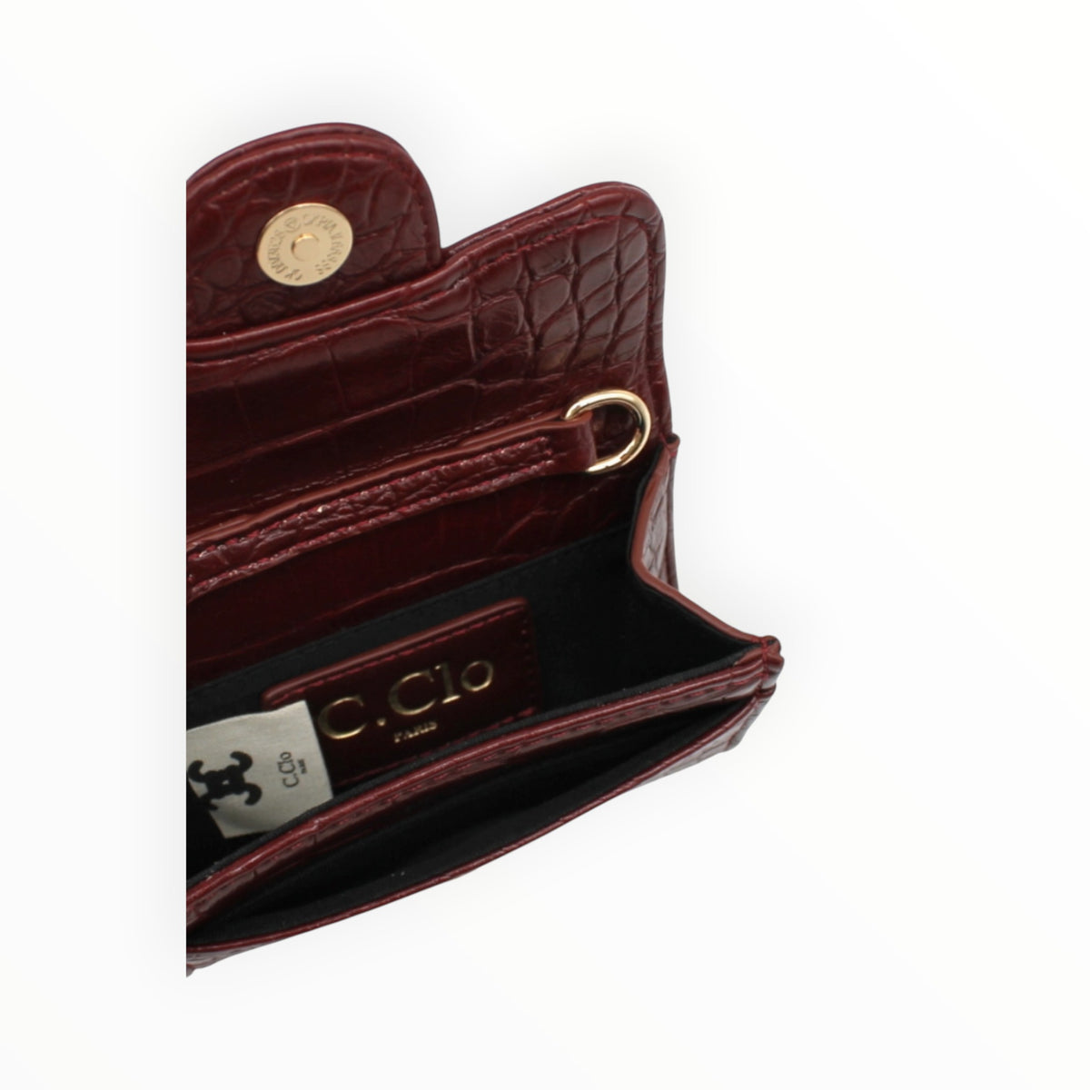 BROCK C.Clo mini burgundy faux crocodile crossbody bag with gold hardware and interior logo detail