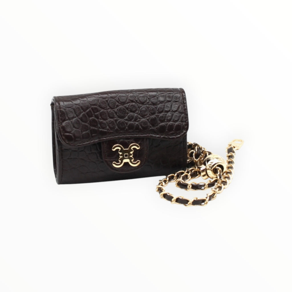 BROCK mini crossbody bag in dark brown faux crocodile leather with a gold chain strap and C.Clo logo emblem.