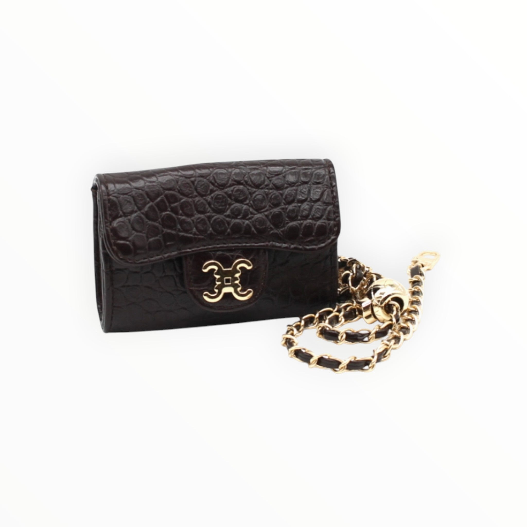 BROCK mini crossbody bag in dark brown faux crocodile leather with a gold chain strap and C.Clo logo emblem.