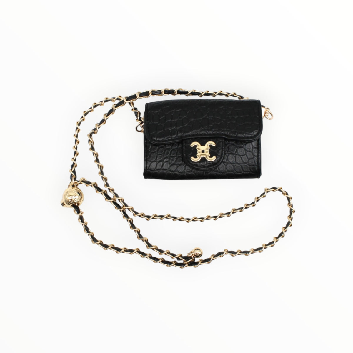 BROCK mini black crocodile-effect crossbody bag with gold chain strap and C.Clo logo hardware