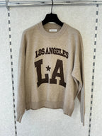 BROCK MISS CHARM beige cotton knit sweater with brown Los Angeles LA graphic print and round neck
