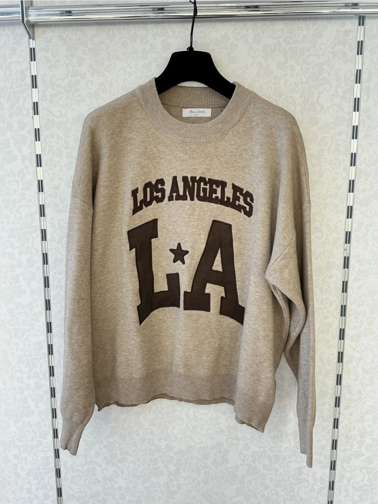 BROCK MISS CHARM beige cotton knit sweater with brown Los Angeles LA graphic print and round neck