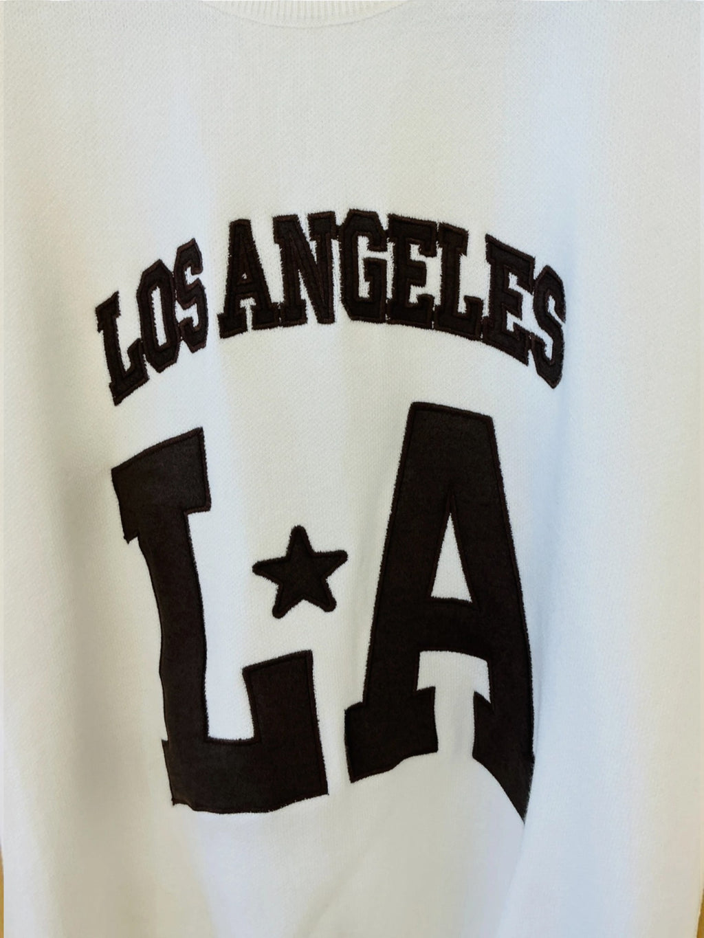 BROCK MISS CHARM beige cotton knit sweater with black Los Angeles LA varsity style relief lettering