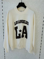 BROCK MISS CHARM beige cotton knit sweater with black Los Angeles LA varsity style graphic print and round neck