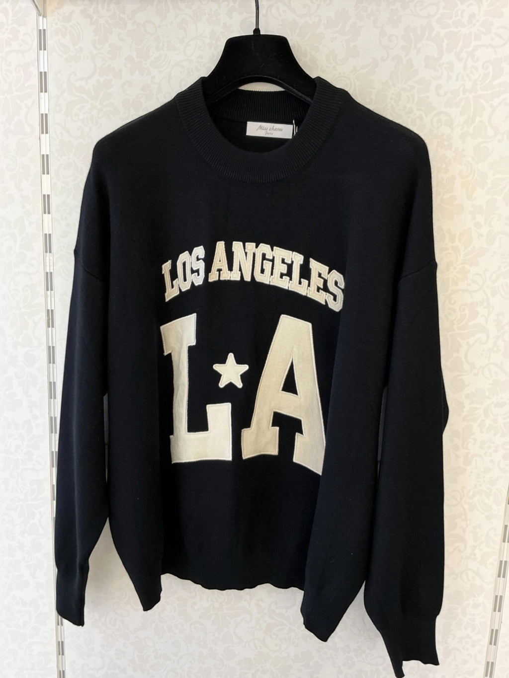 BROCK MISS CHARM black cotton knit sweater with white Los Angeles LA relief lettering and round neck