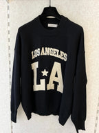 BROCK MISS CHARM black cotton knit sweater with white Los Angeles LA relief lettering and round neck