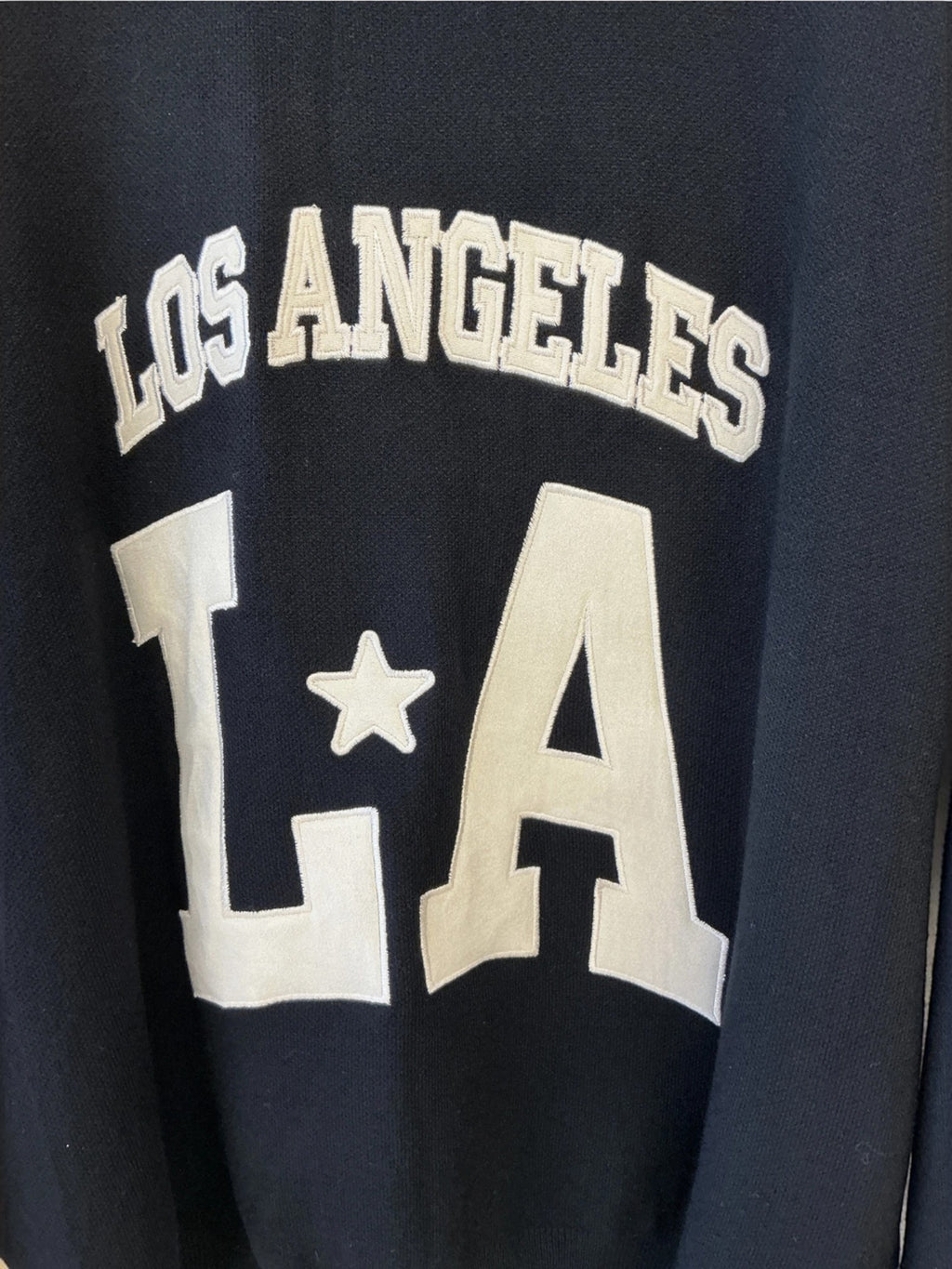 BROCK MISS CHARM black cotton sweater with white Los Angeles LA varsity style relief lettering