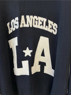 BROCK MISS CHARM black cotton sweater with white Los Angeles LA varsity style relief lettering