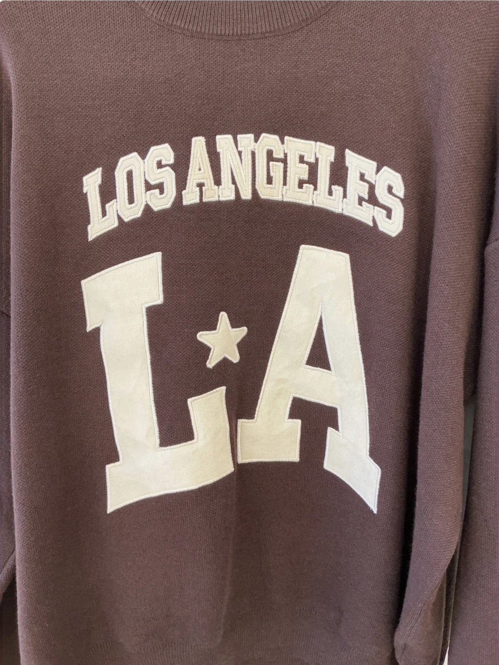BROCK MISS CHARM brown cotton knit sweater with white Los Angeles LA varsity style relief lettering and round neck