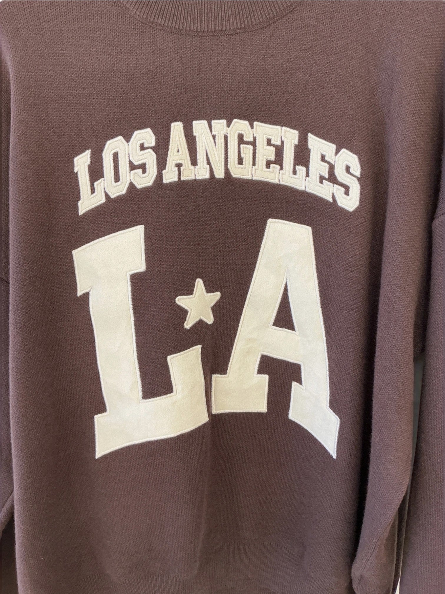 BROCK MISS CHARM brown cotton knit sweater with white Los Angeles LA varsity style relief lettering and round neck