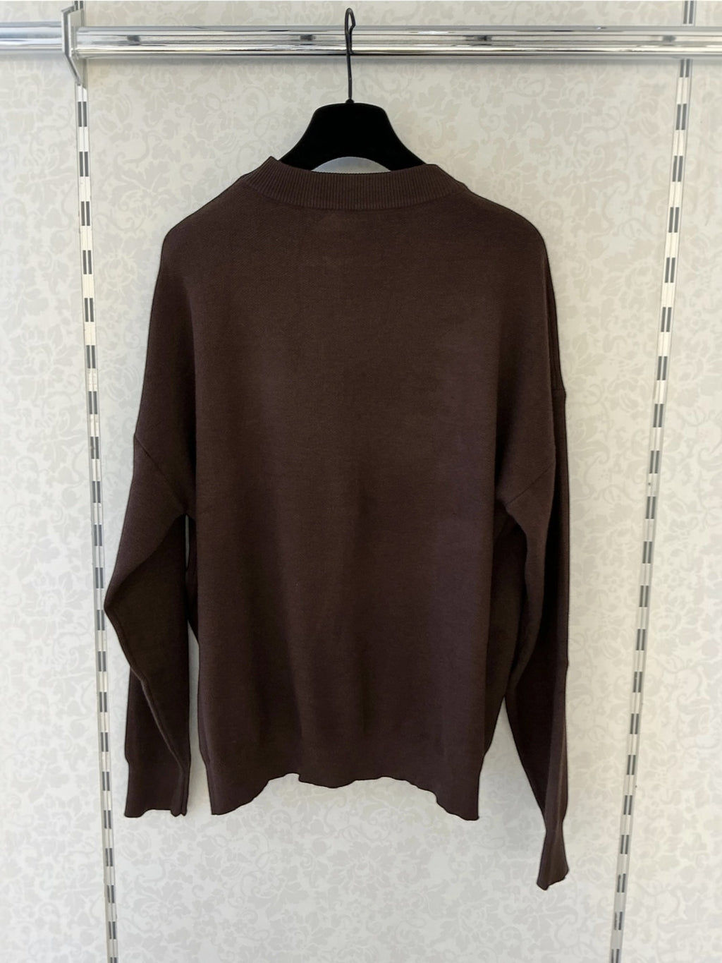BROCK MISS CHARM chocolate brown cotton knit sweater with a round neck and long sleeves, back view