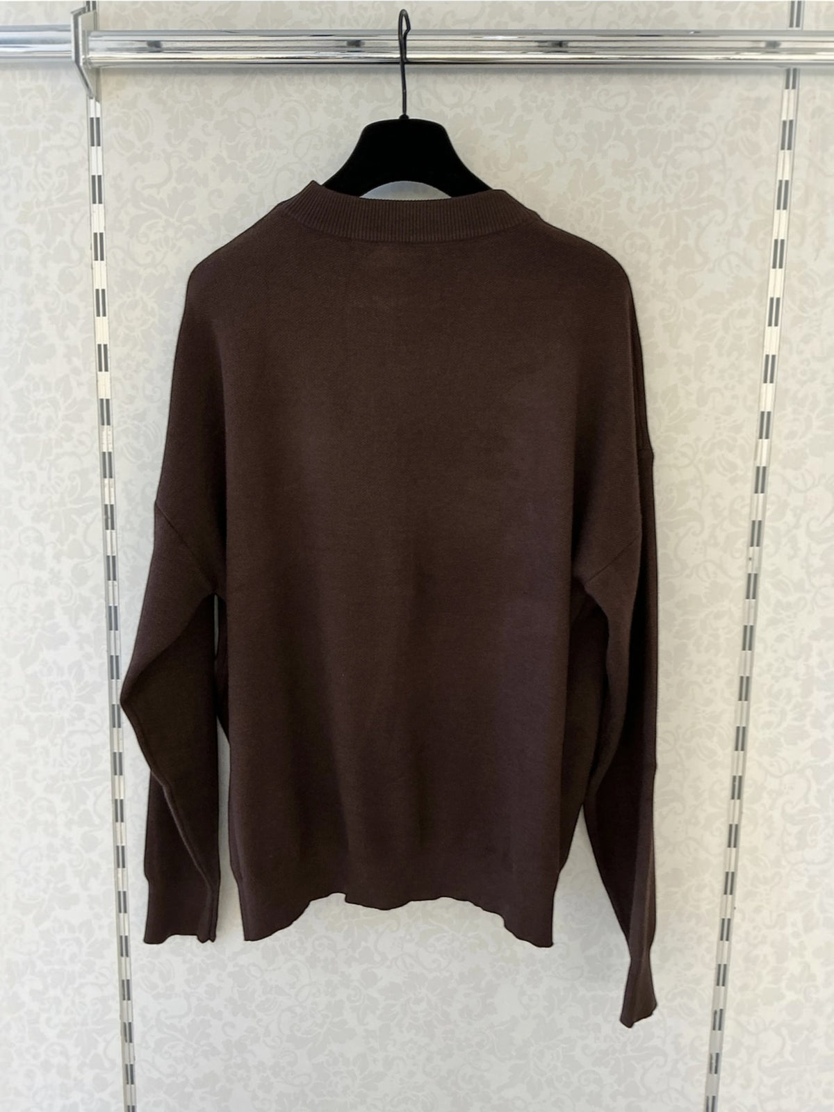 BROCK MISS CHARM chocolate brown cotton knit sweater with a round neck and long sleeves, back view