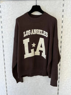 BROCK MISS CHARM chocolate brown cotton knit sweater with white Los Angeles LA varsity lettering and crew neck