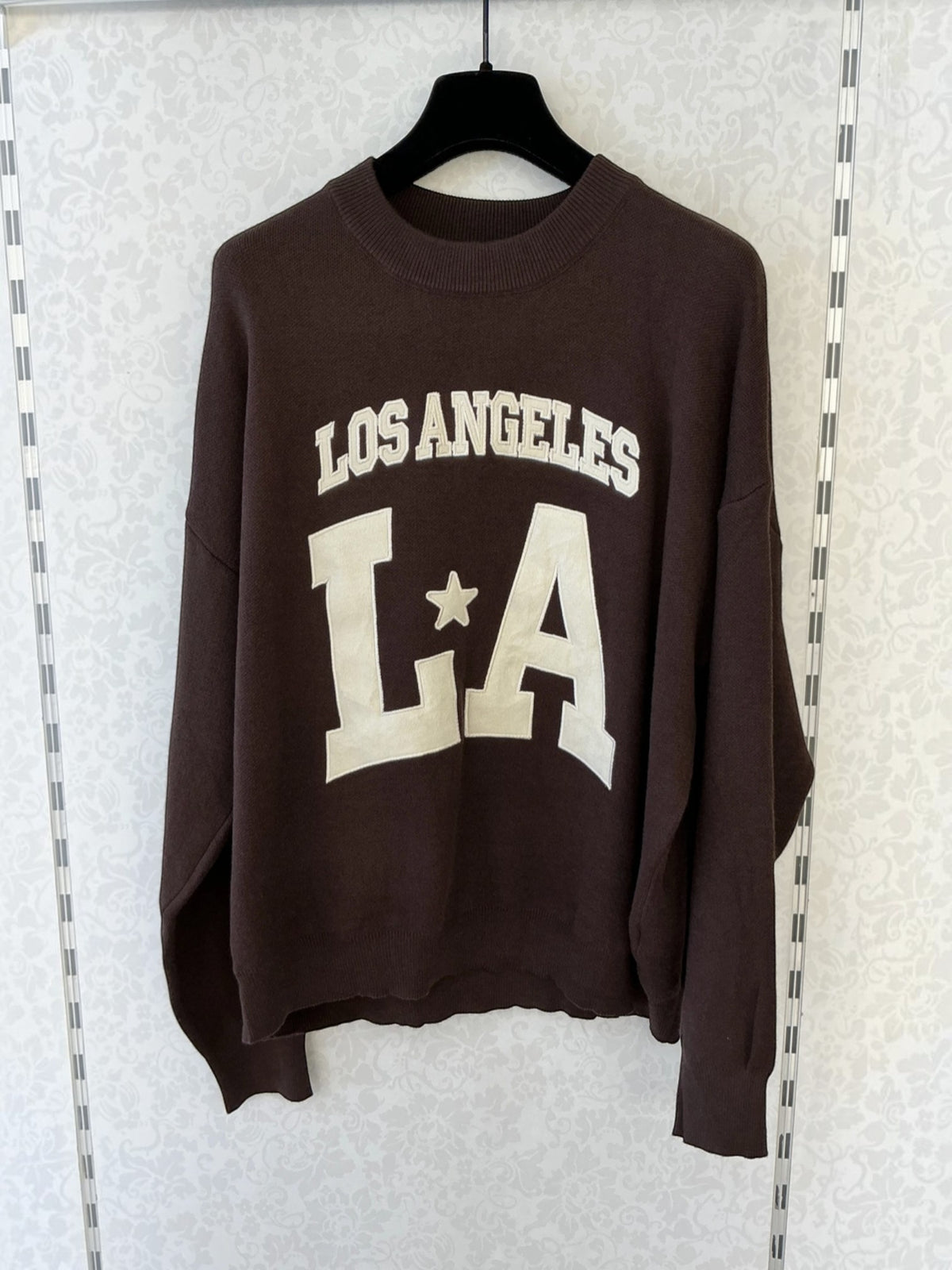 BROCK MISS CHARM chocolate brown cotton knit sweater with white Los Angeles LA varsity lettering and crew neck