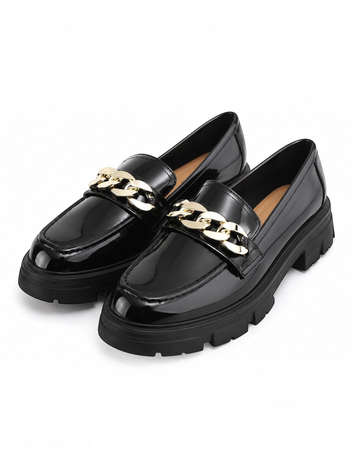 Mocassins BROCK LIBRA POP noirs en similicuir verni avec chaîne dorée et semelle épaisse crantée