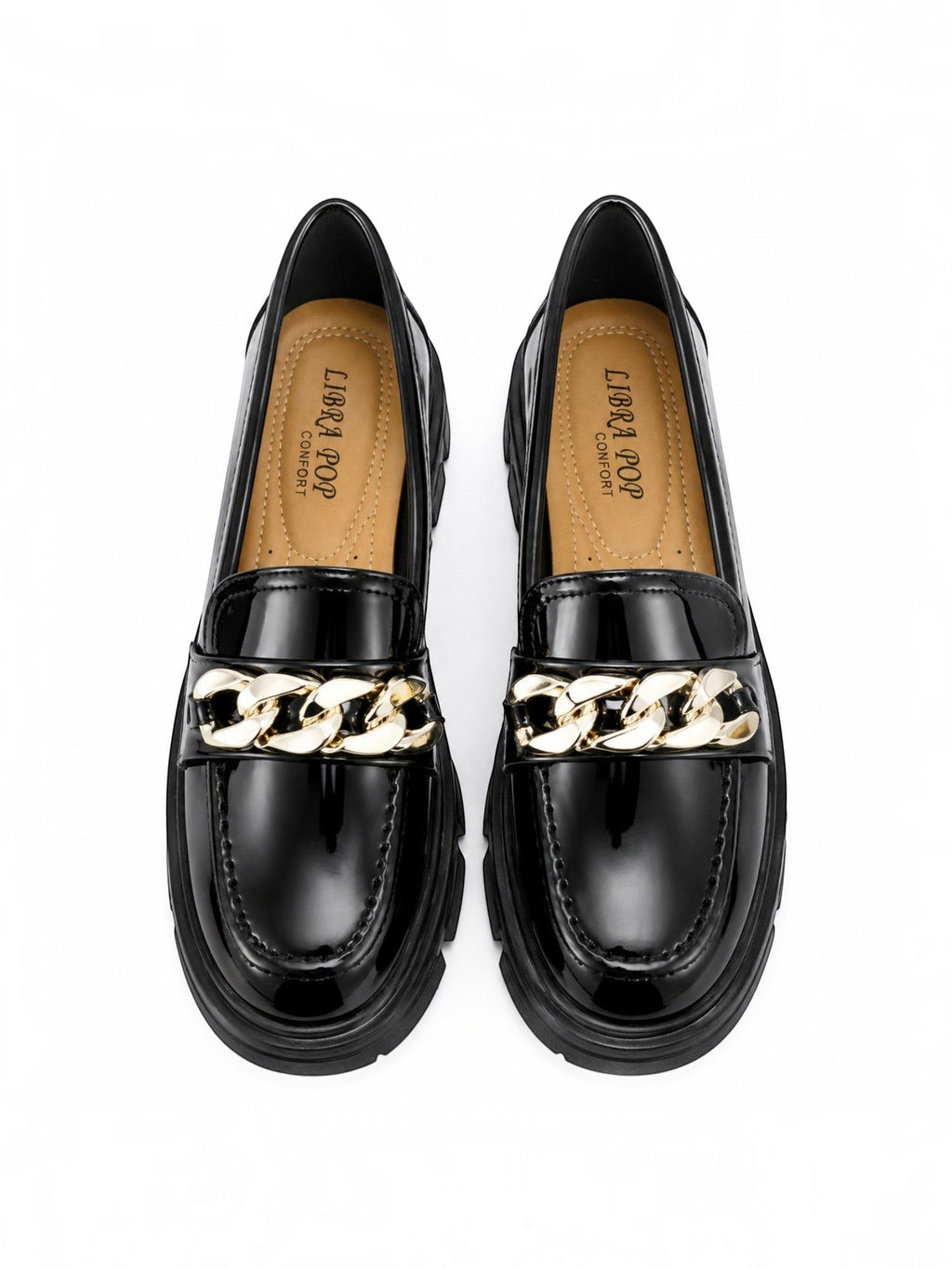 Mocassins BROCK LIBRA POP noirs en similicuir verni avec chaîne dorée et semelle épaisse crantée vue de dessus