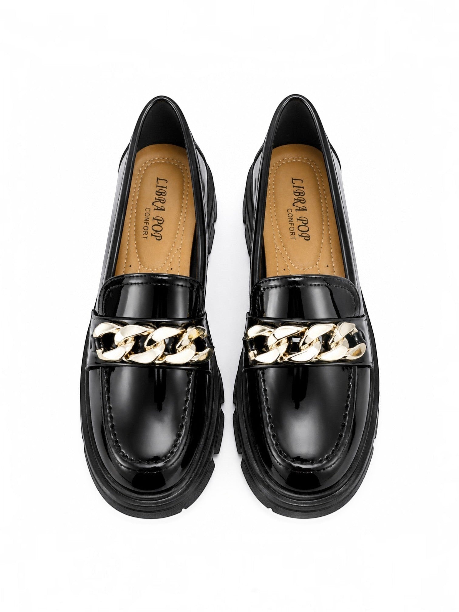 Mocassins BROCK LIBRA POP noirs en similicuir verni avec chaîne dorée et semelle épaisse crantée vue de dessus